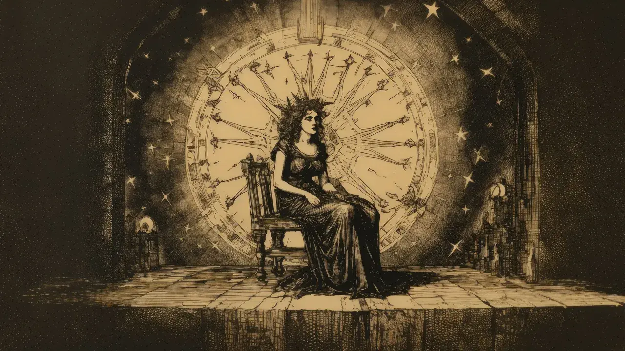 Kobieta w koronie siedzi na krześle przed kołem zodiaku, przypominając kartę 6 monet tarot. Gwiazdy i tajemnicze budowle tworzą mroczną atmosferę.
