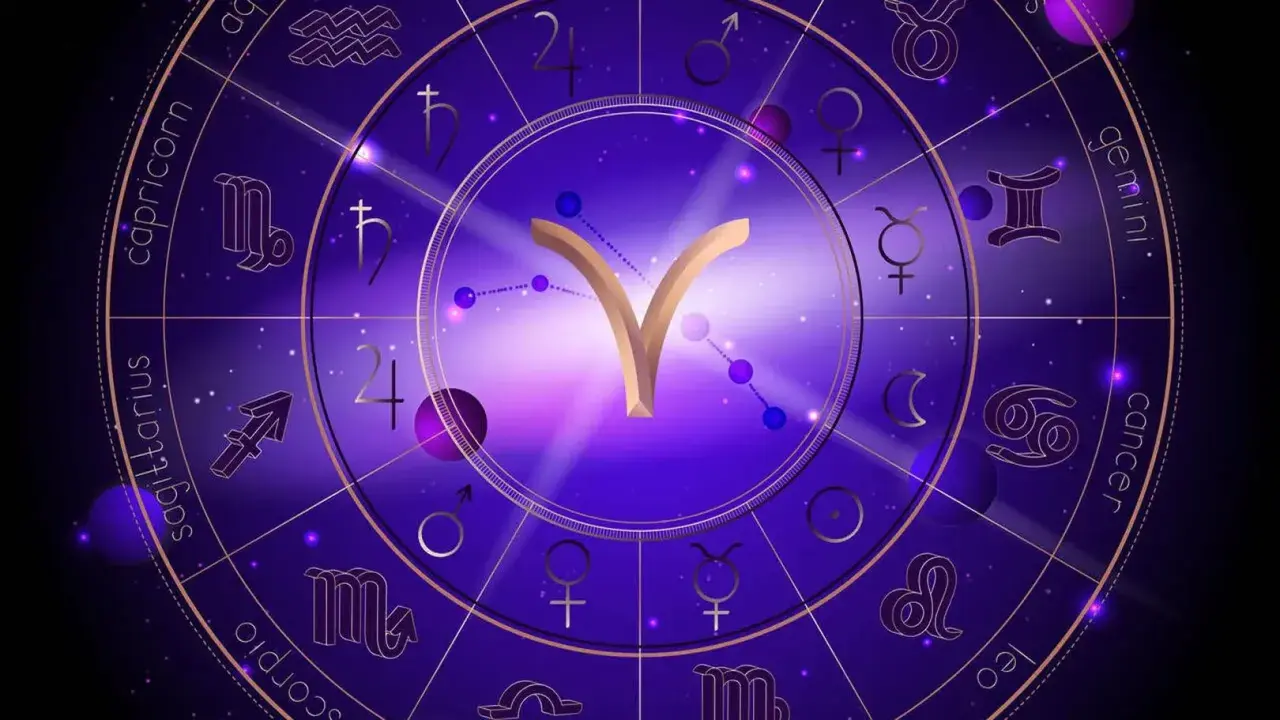 Astrologiczny horoskop z symbolem Barana w centrum. Widoczne znaki zodiaku i planety, sugerujące konfigurację saturn w baranie.