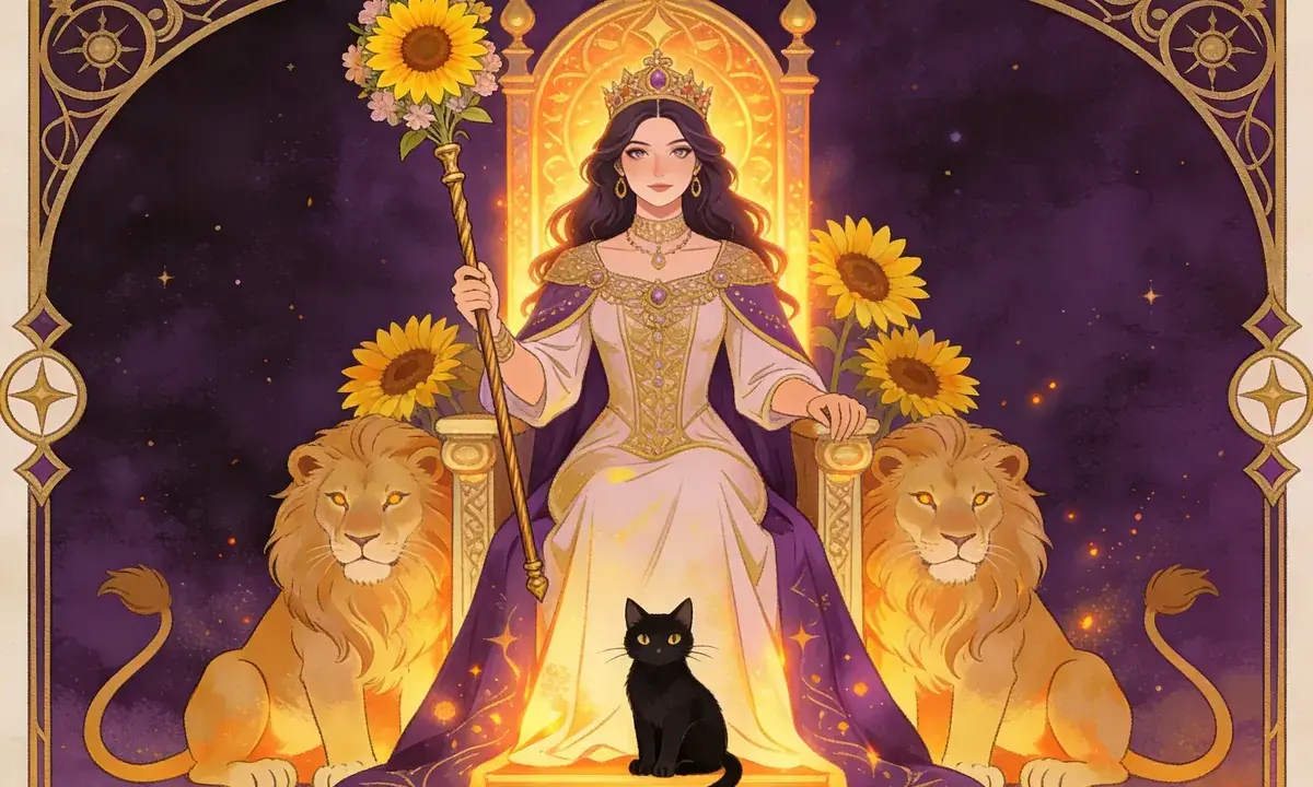 Królowa na tronie z lwami i czarnym kotem, trzymająca laskę ze słonecznikami. Symbolizuje sukces i uznanie, jak w znaczeniu karty Six of Wands.