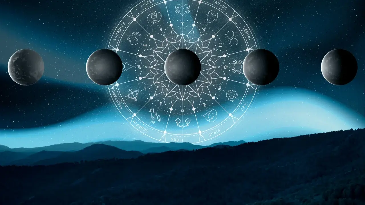 Nocne niebo z planetami i kołem zodiaku. W tle góry. 4 dom astrologia.