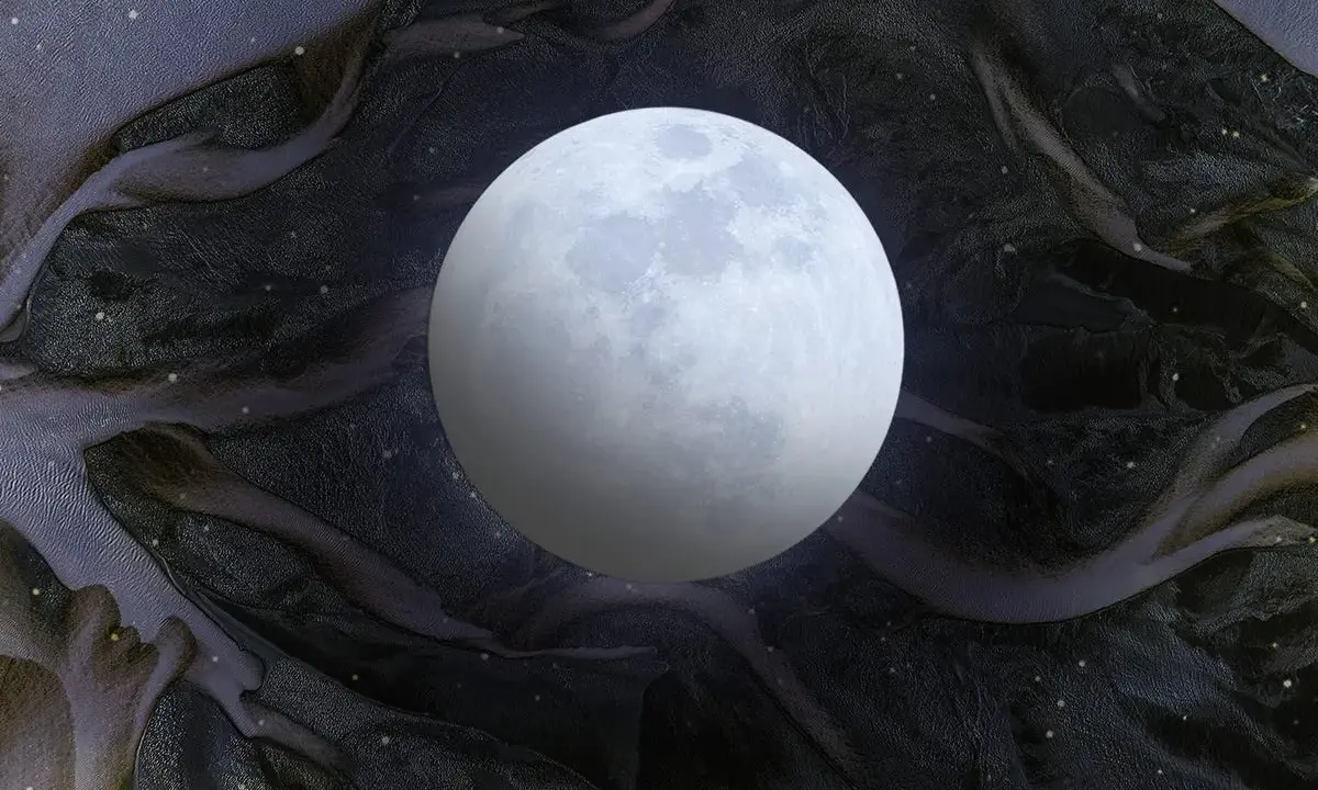 Lilith w rybach, wpatrzona w księżyc. Nocna, kosmiczna sceneria z migoczącymi gwiazdami.