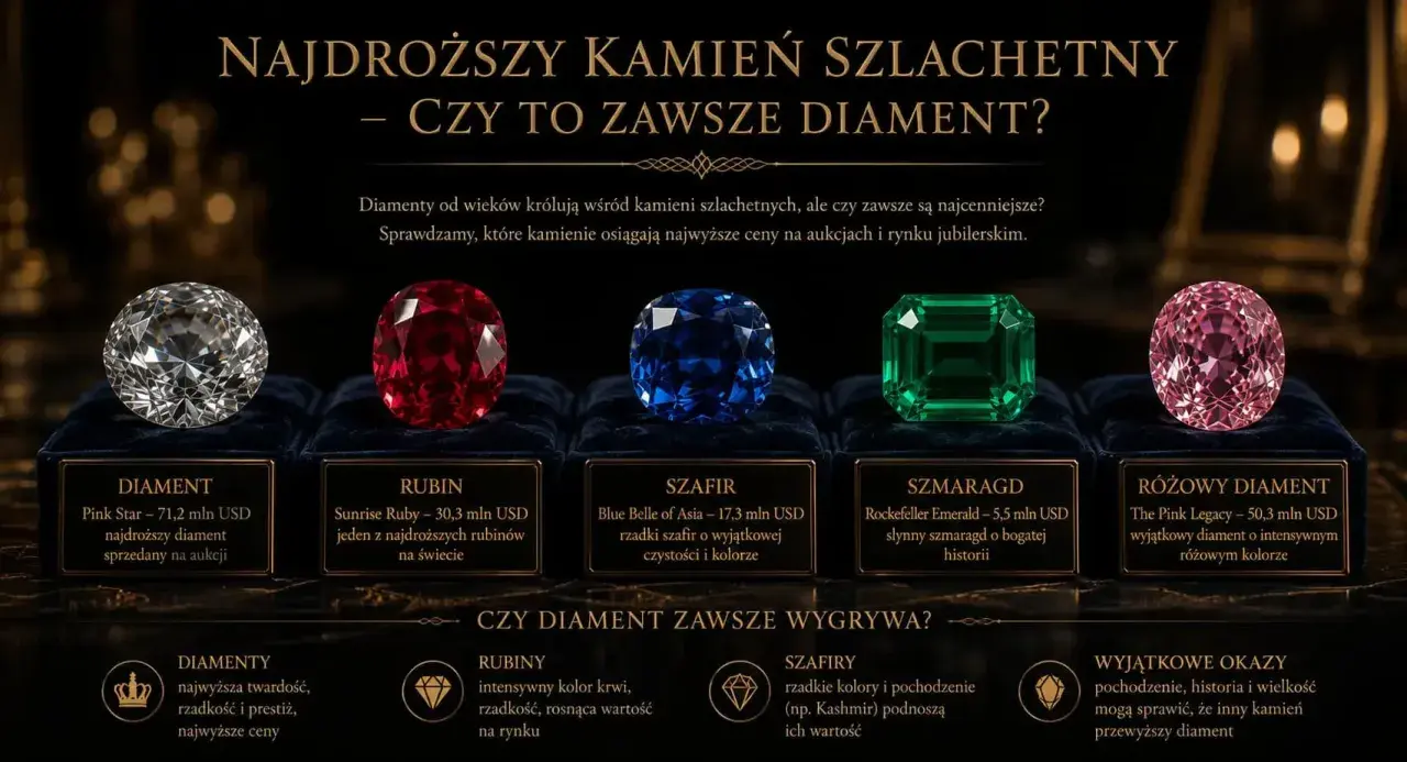Różne rodzaje kamieni szlachetnych: diament, rubin, szafir, szmaragd i różowy diament, z ich cenami i opisami.