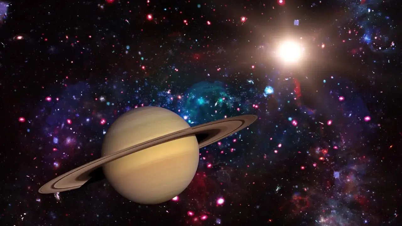 Saturn w Wadze, majestatyczny gazowy olbrzym z pierścieniami, unosi się w kosmicznej przestrzeni pełnej kolorowych mgławic i odległych gwiazd.