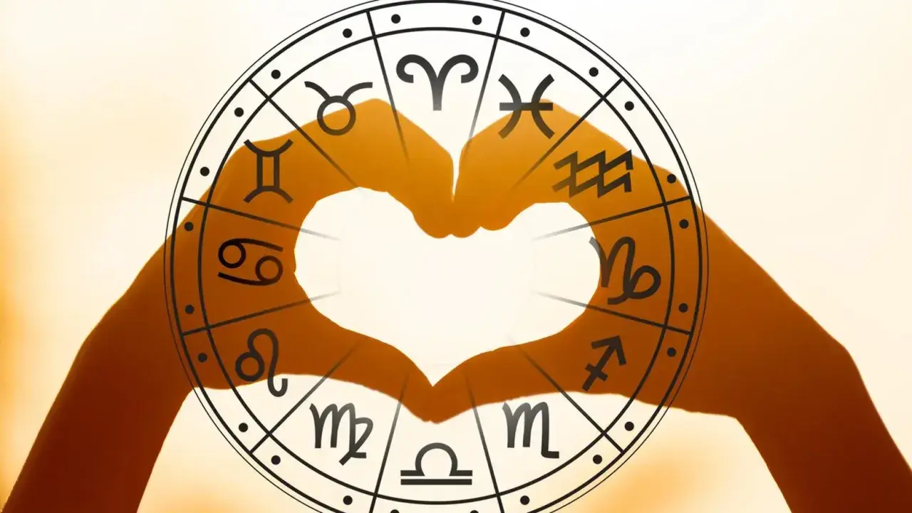 Dłonie tworzą serce w centrum koła zodiaku. Sprawdź swój tarot lew tygodniowy i odkryj miłość!