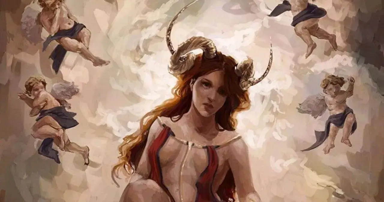 Lilith w Koziorożcu, otoczona przez cherubiny, emanuje mroczną siłą i tajemniczością.