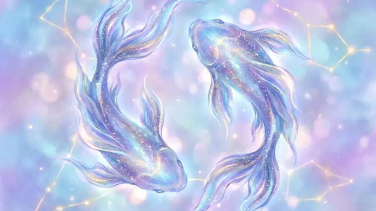 Dwa lśniące ryby w pastelowym niebie, symbolizujące tarot tygodniowy ryby.