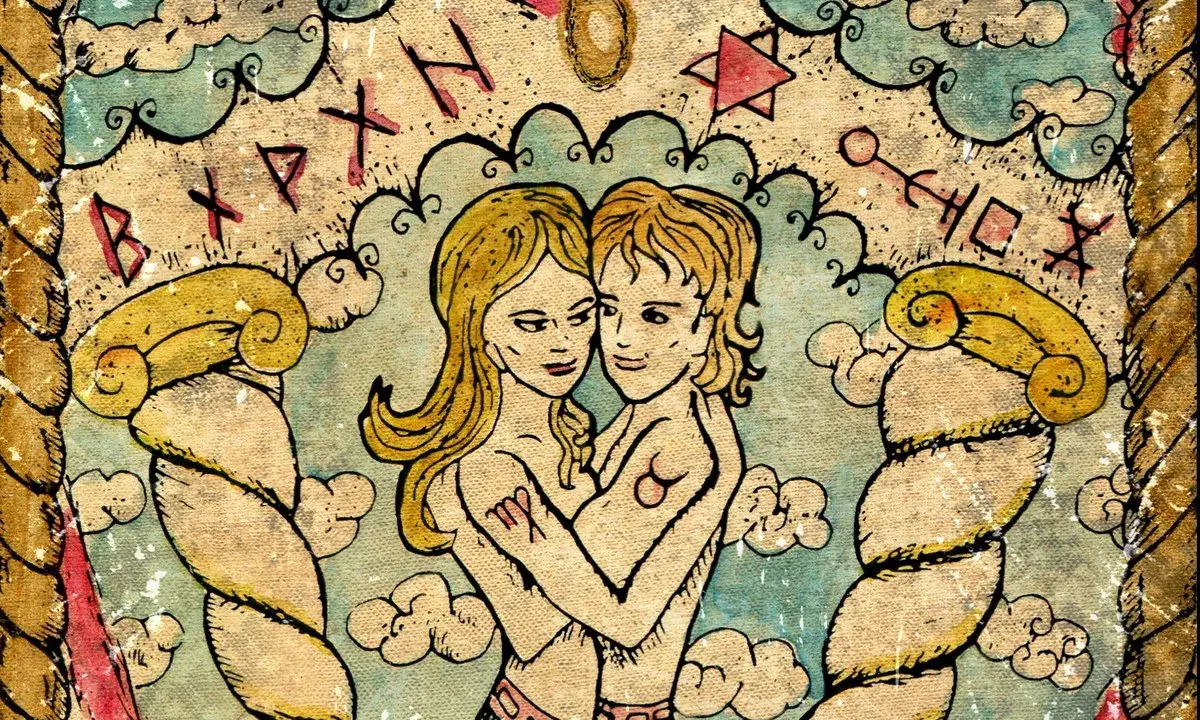 Para, która przytula się, symbolizuje umiarkowanie tarot uczucia. W tle runy i chmury.