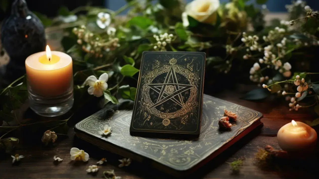 Mroczna atmosfera z płonącą świecą i kartą as denarów tarot, otoczoną zielenią i kwiatami.