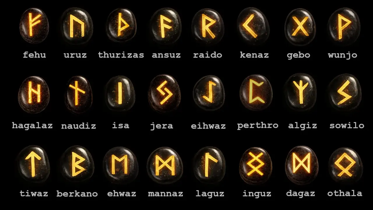Runy na pieniądze: Fehu, Uruz, Thurisaz, Ansuz, Raido, Kenaz, Gebo, Wunjo. Starożytne symbole mocy i bogactwa.