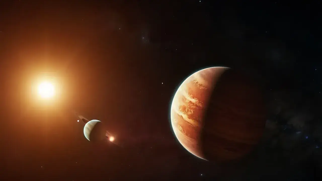 Jowisz w Wadze, majestatyczny gazowy olbrzym, w towarzystwie mniejszych planet i gwiazdy.