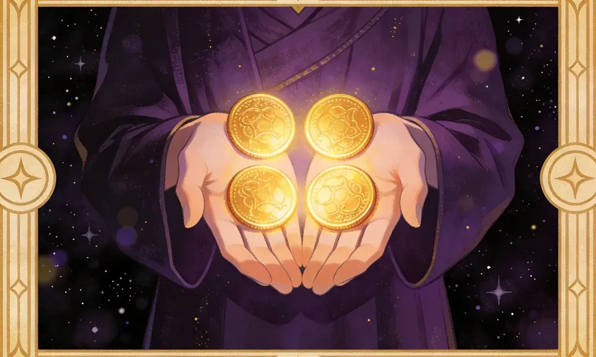 Dłonie trzymają cztery złote monety, symbolizujące stabilność i bezpieczeństwo. Page of Pentacles znaczenie - początek drogi do materialnego dobrobytu.