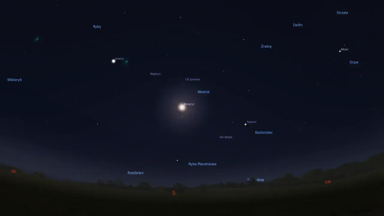 Jasny Jowisz w Byku świeci na nocnym niebie, otoczony gwiazdami i mgławicami. Obok widoczny Księżyc i Saturn.
