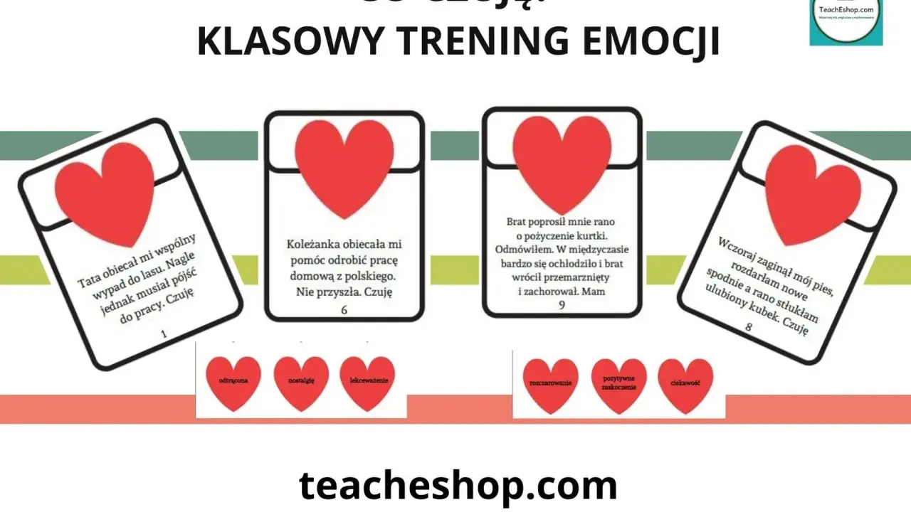 Karty z sercami opisują sytuacje i emocje: tata obiecał las, ale poszedł do pracy; koleżanka nie pomogła; brat zachorował. 5 mieczy co on czuje? Rozczarowanie, smutek, złość.