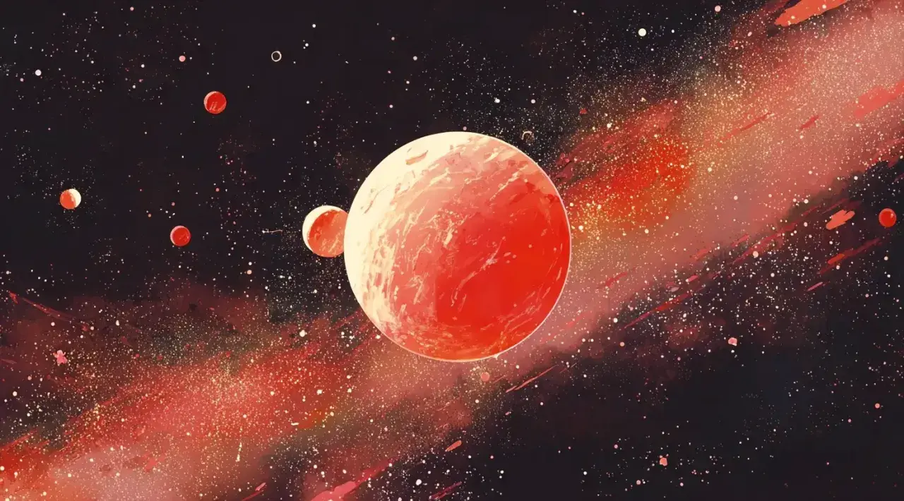 Czerwone planety, jak Mars w Wodniku, unoszą się w gwiezdnym pyle.