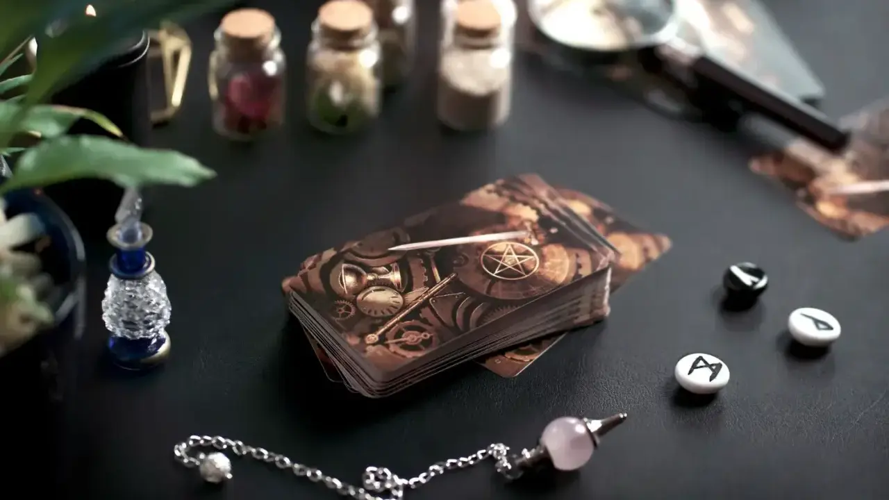 Stawianie tarota samemu sobie: talia kart w steampunkowym stylu, wahadełko i runy na czarnym tle.