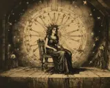 Kobieta w koronie siedzi na krześle przed kołem zodiaku, przypominając kartę 6 monet tarot. Gwiazdy i tajemnicze budowle tworzą mroczną atmosferę.