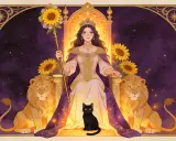 Królowa na tronie z lwami i czarnym kotem, trzymająca laskę ze słonecznikami. Symbolizuje sukces i uznanie, jak w znaczeniu karty Six of Wands.