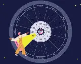 Osoba wskazuje na domy w kosmogramie, odkrywając tajemnice astrologii.