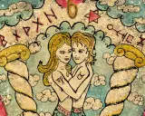Para, która przytula się, symbolizuje umiarkowanie tarot uczucia. W tle runy i chmury.