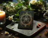 Mroczna atmosfera z płonącą świecą i kartą as denarów tarot, otoczoną zielenią i kwiatami.