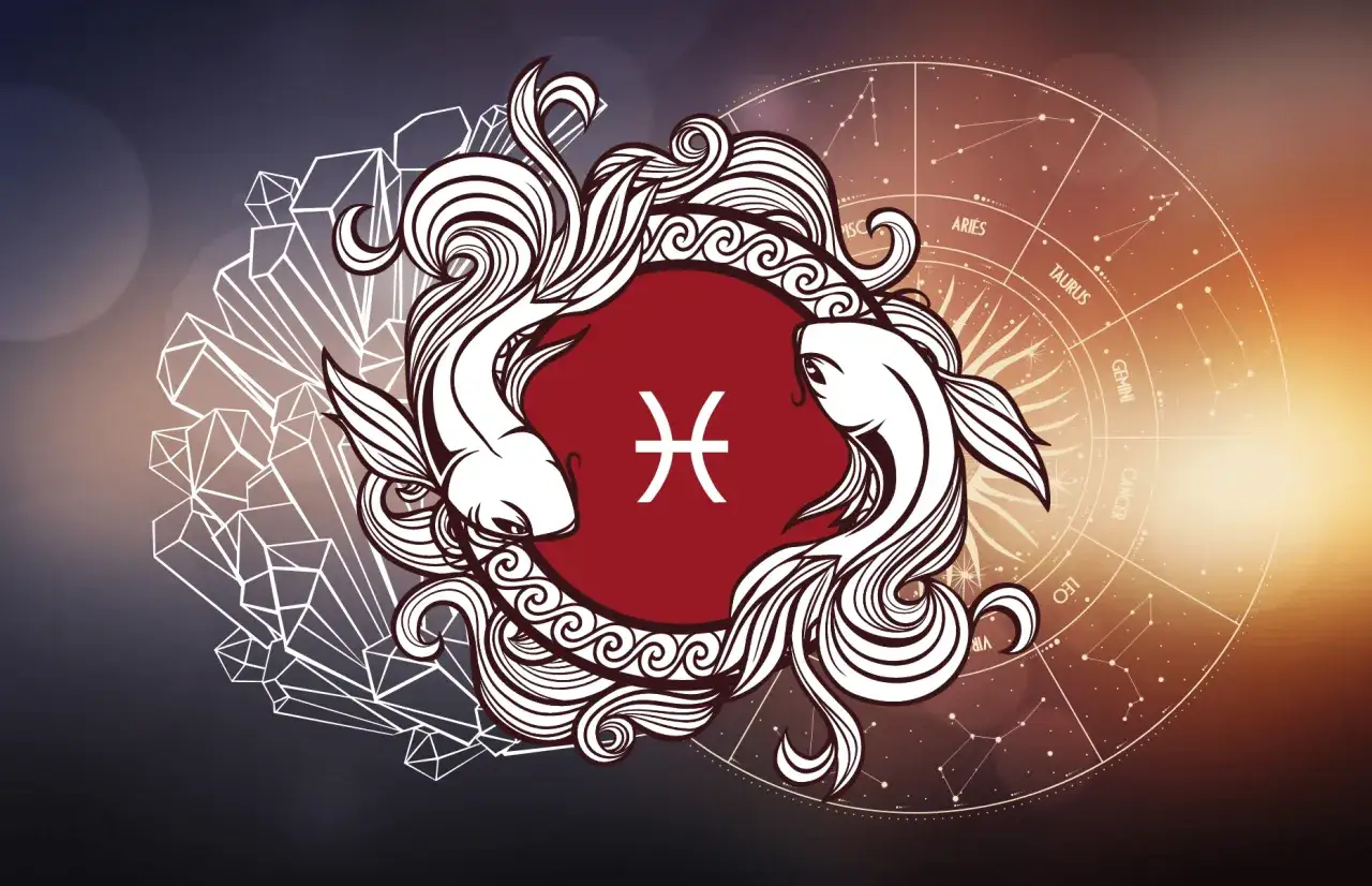 Symbol Ryb z dwoma rybami w ozdobnej ramce. W tle koło zodiaku i kryształy. Neptun w Rybach.