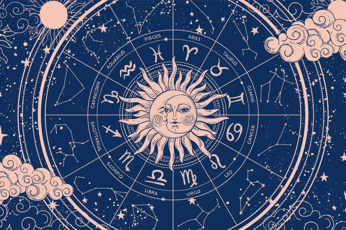 Zodiakalny krąg z twarzą Słońca w Baranie, otoczony gwiazdami, chmurami i symbolami znaków zodiaku.