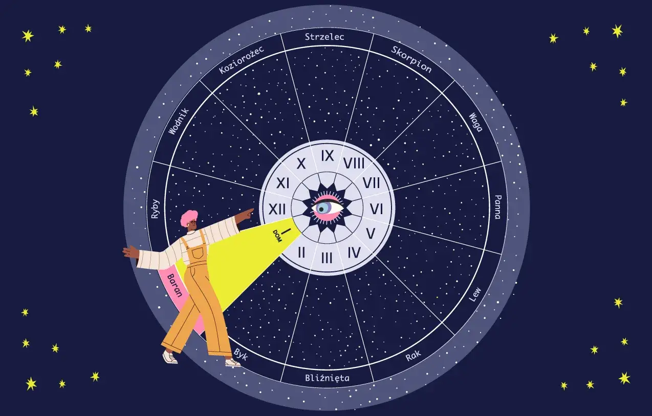 Osoba wskazuje na znak zodiaku Strzelec na tle nocnego nieba z gwiazdami i kołem astrologicznym.