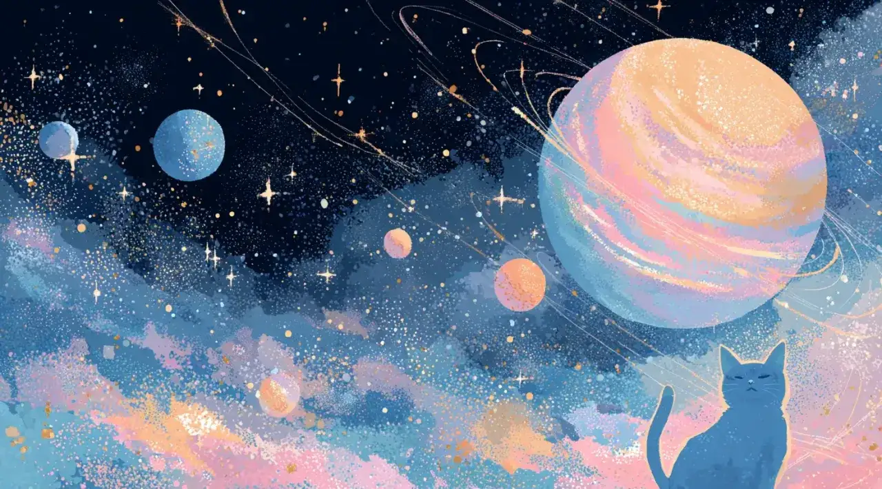 Niebieski kot obserwuje pastelowy Jowisz w Pannie, otoczony pierścieniami i innymi planetami w gwiezdnej mgławicy.