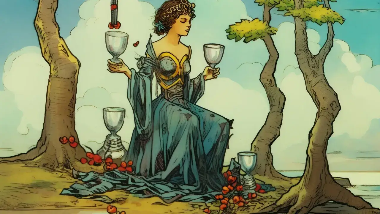 Kobieta w niebieskiej sukni trzyma kielichy, otoczona przez drzewa i owoce. Wokół niej stoją cztery puchary tarot, symbolizujące emocje i relacje.