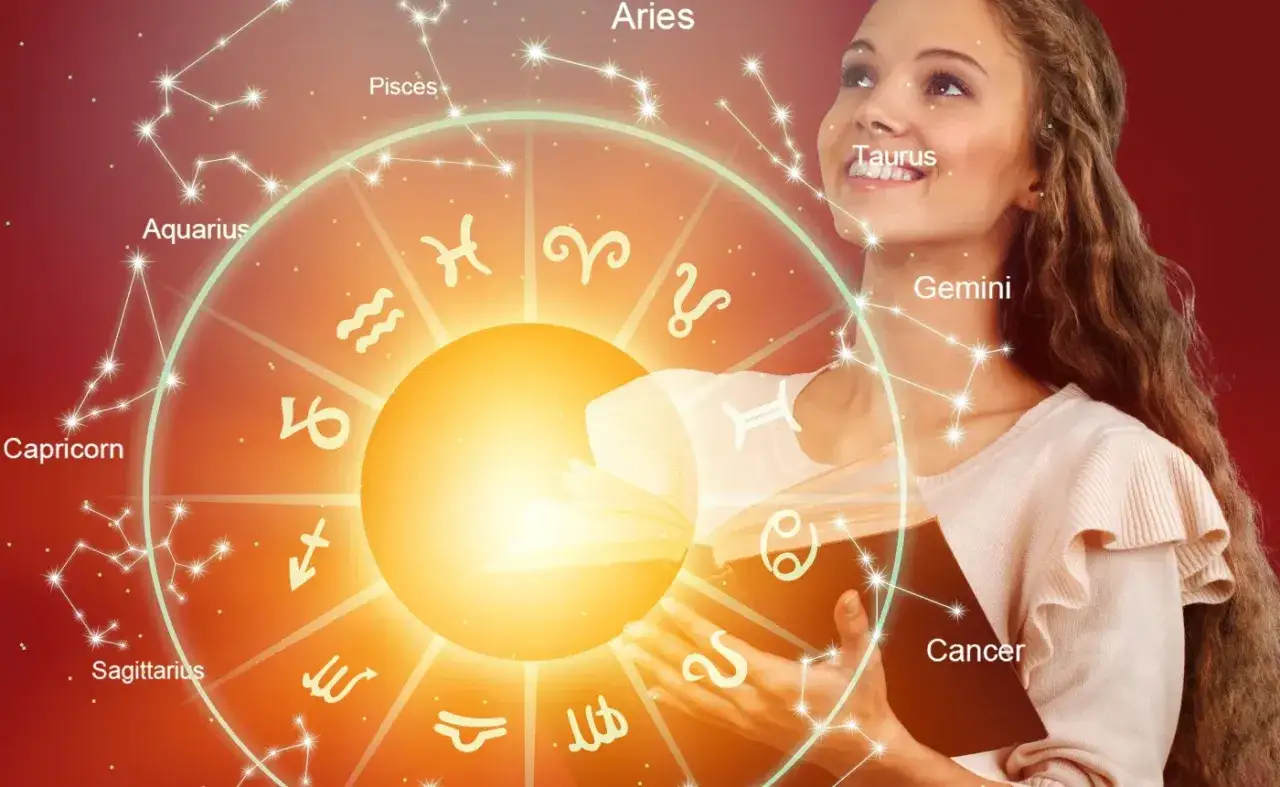 Kobieta z książką na tle koła zodiaku, gdzie Merkury w Lwie symbolizuje siłę i pewność siebie.