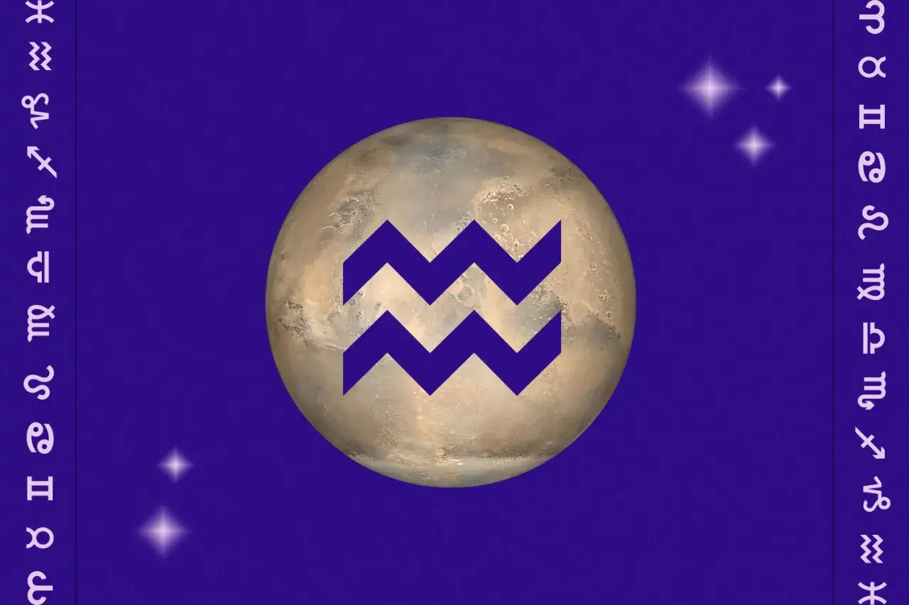 Mars w Wodniku, symbol Wodnika na tle Czerwonej Planety. Po bokach symbole zodiaku.
