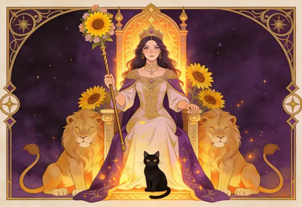Królowa na tronie z lwami i czarnym kotem, trzymająca laskę ze słonecznikami. Symbolizuje sukces i uznanie, jak w znaczeniu karty Six of Wands.
