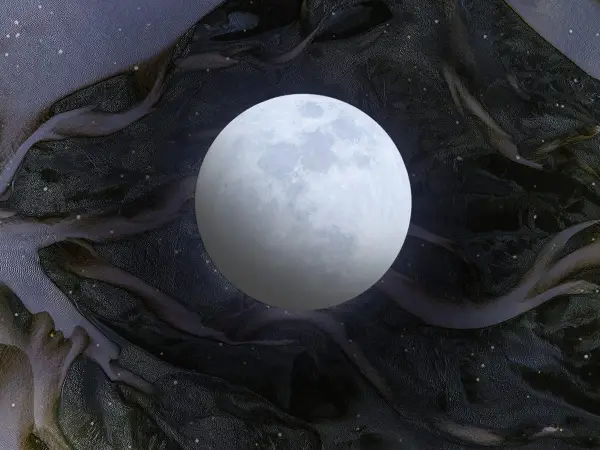 Lilith w rybach, wpatrzona w księżyc. Nocna, kosmiczna sceneria z migoczącymi gwiazdami.