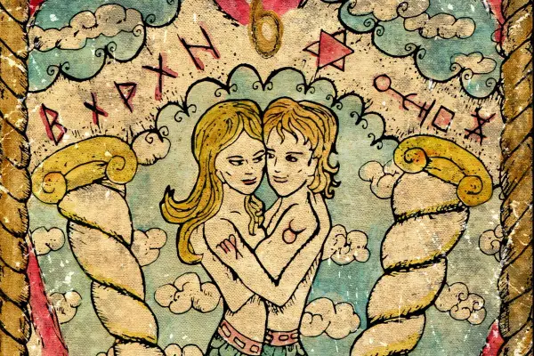 Para, która przytula się, symbolizuje umiarkowanie tarot uczucia. W tle runy i chmury.