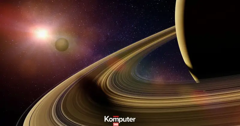 Saturn z pierścieniami w 8 domu, otoczony gwiazdami i odległą planetą.
